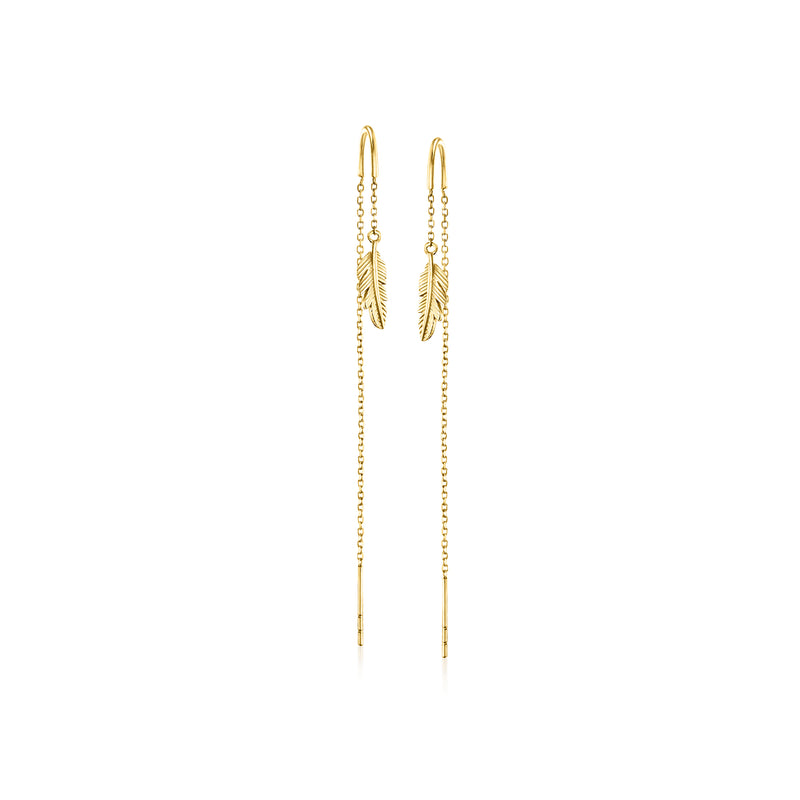 10kt yellow gold feather threader earrings with long chain and hinged hook