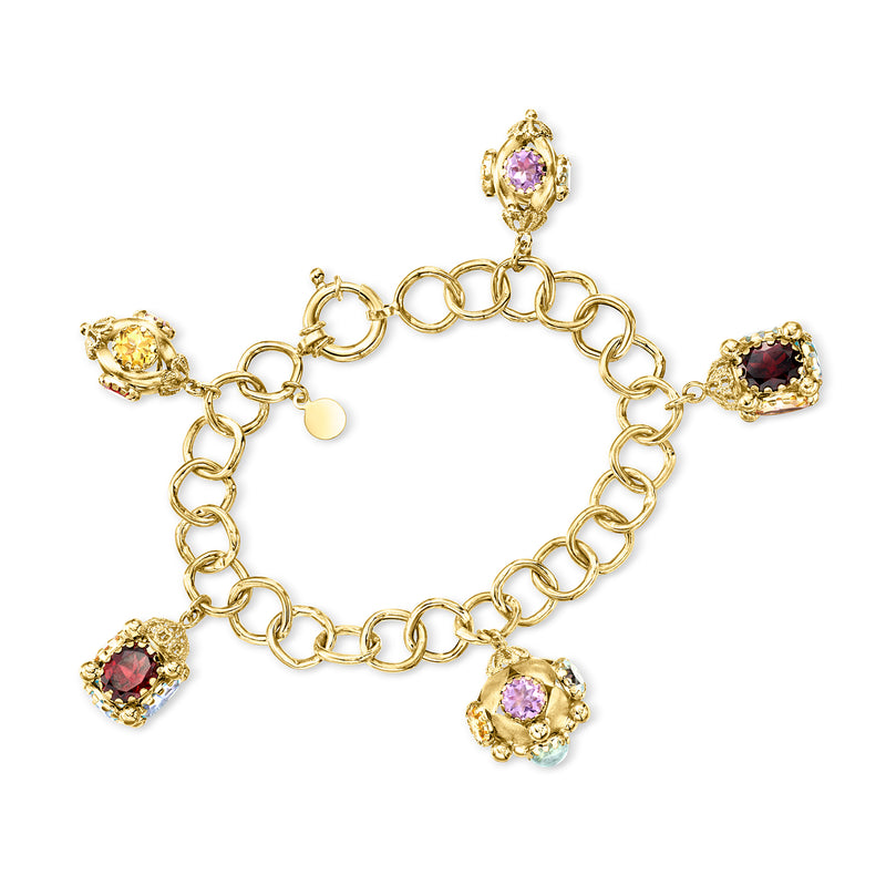 18kt yellow gold charm bracelet with multi-gemstone drop charms and round link chain