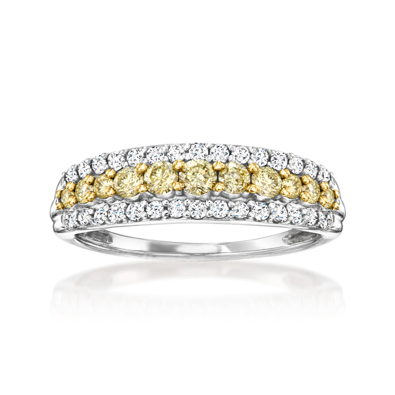 Three-row diamond ring with yellow and white stones in 14kt white gold, top view