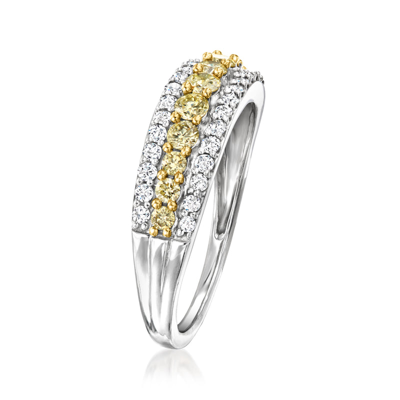 Three-row diamond band with yellow center row and white side rows in 14kt white gold