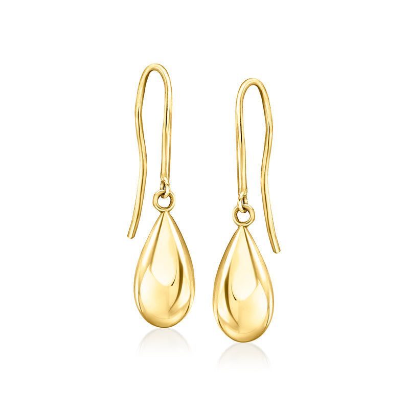 10k yellow gold teardrop drop earrings with earwire, polished teardrop shape
