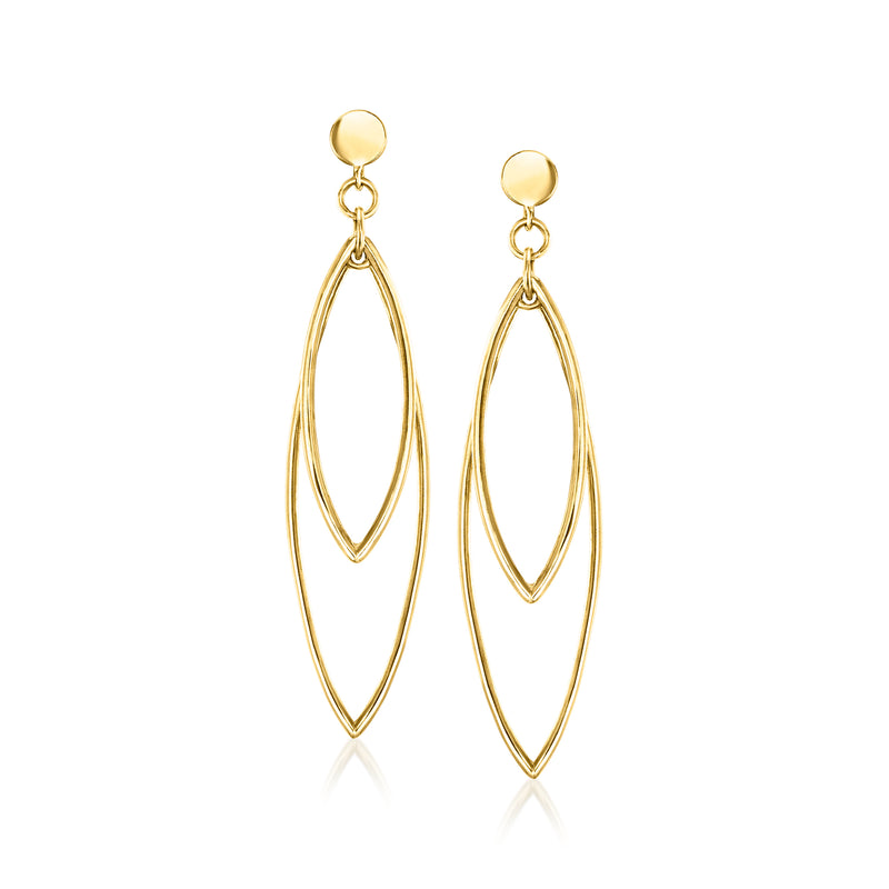 10kt yellow gold double-leaf drop earrings, oval leaf-shaped dangles