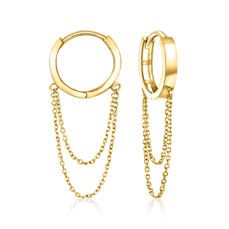 Yellow gold huggie hoop drop earrings with cable-chain drape