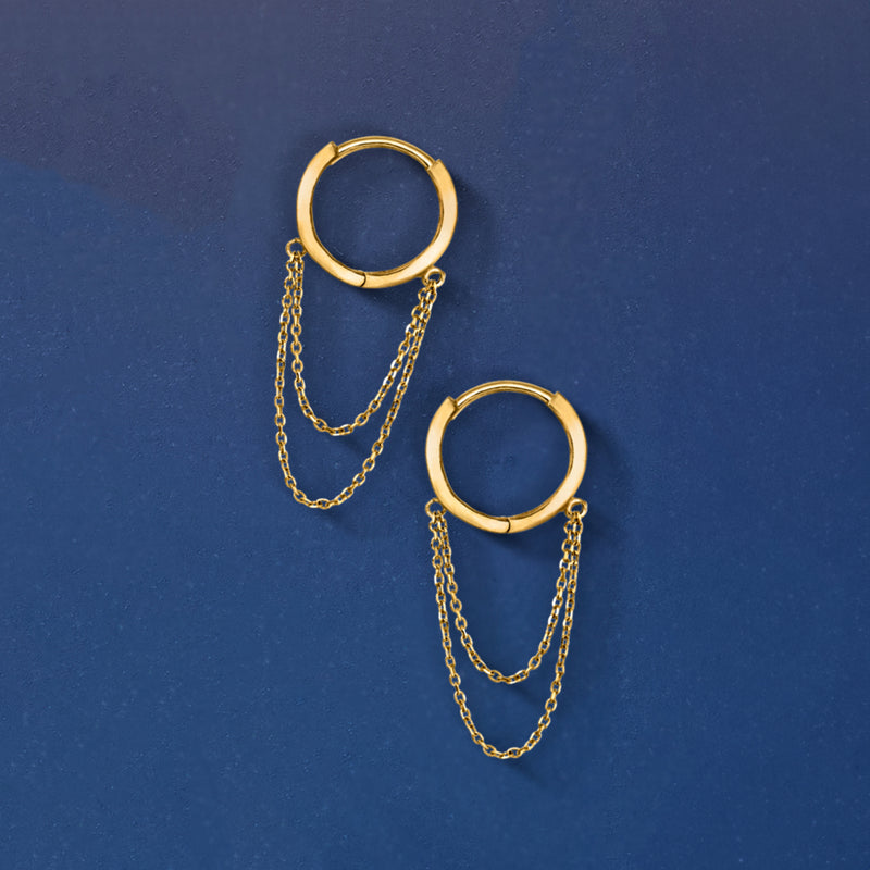 Yellow gold huggie hoop drop earrings, cable-chain fringe drape
