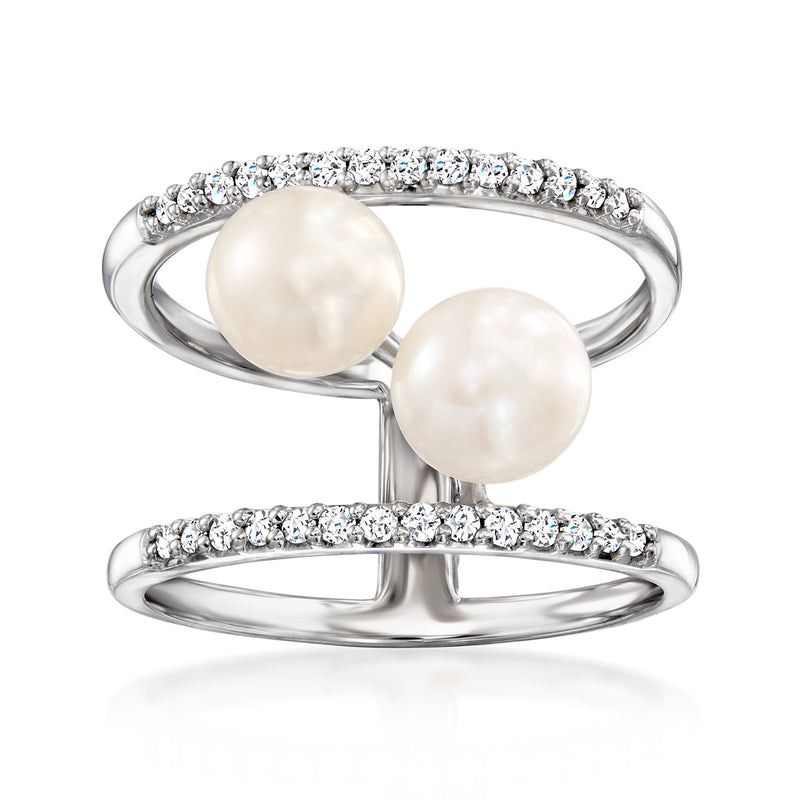 Sterling silver open-space ring with two white cultured pearls and diamond accents