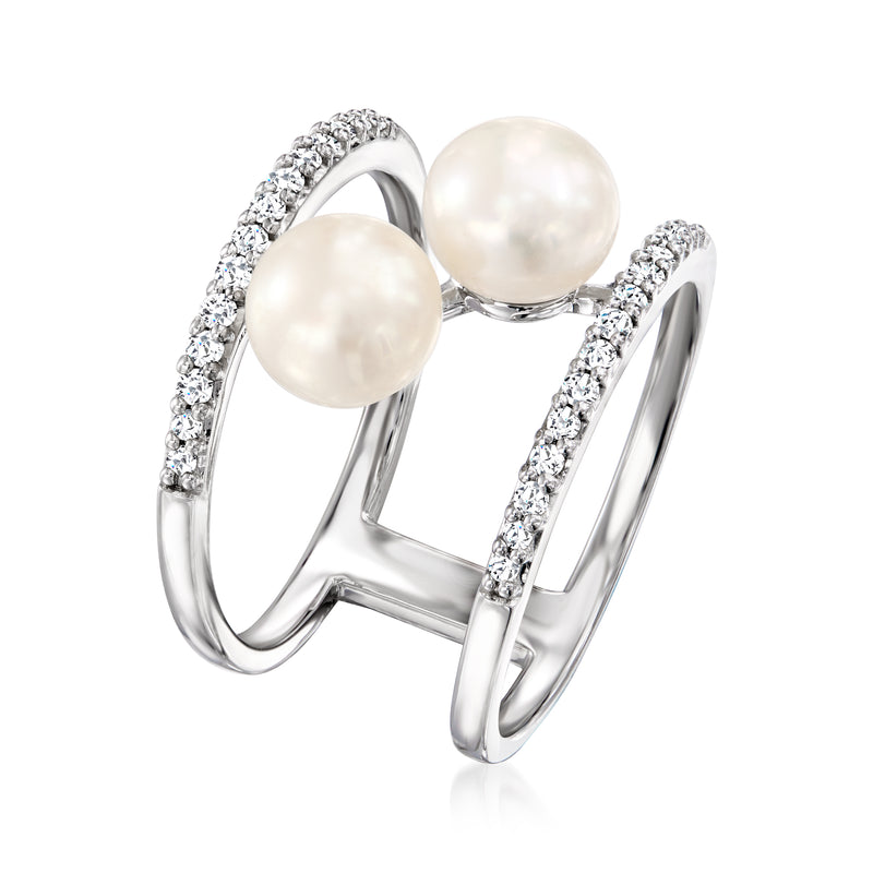 Sterling silver open-space ring with two cultured pearls and diamond accents