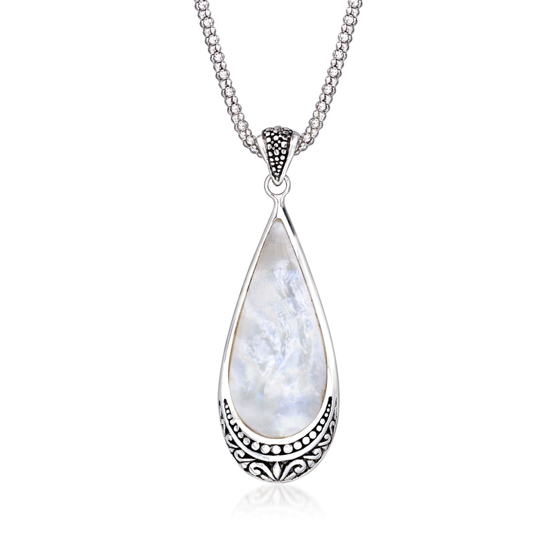 Sterling silver teardrop pendant necklace with mother-of-pearl inlaid teardrop and black accents