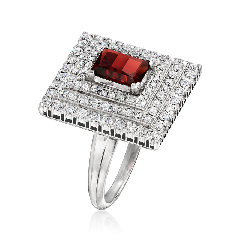 Platinum rectangular garnet and diamond ring with stepped pavé setting
