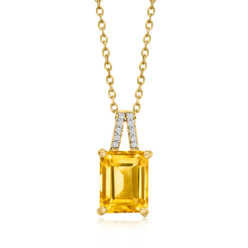 Citrine square-cut pendant with white zircon bar accents on gold over sterling chain