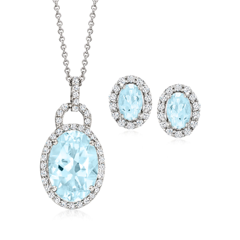 Sterling silver pendant necklace with oval sky blue stone and matching zircon stud earrings