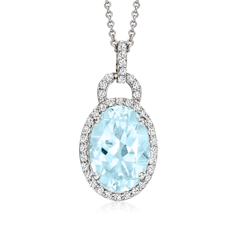 Sterling silver pendant necklace with oval sky blue center stone framed by zircon