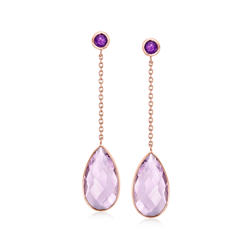 Rose gold drop earrings with purple round and teardrop amethyst-style stones
