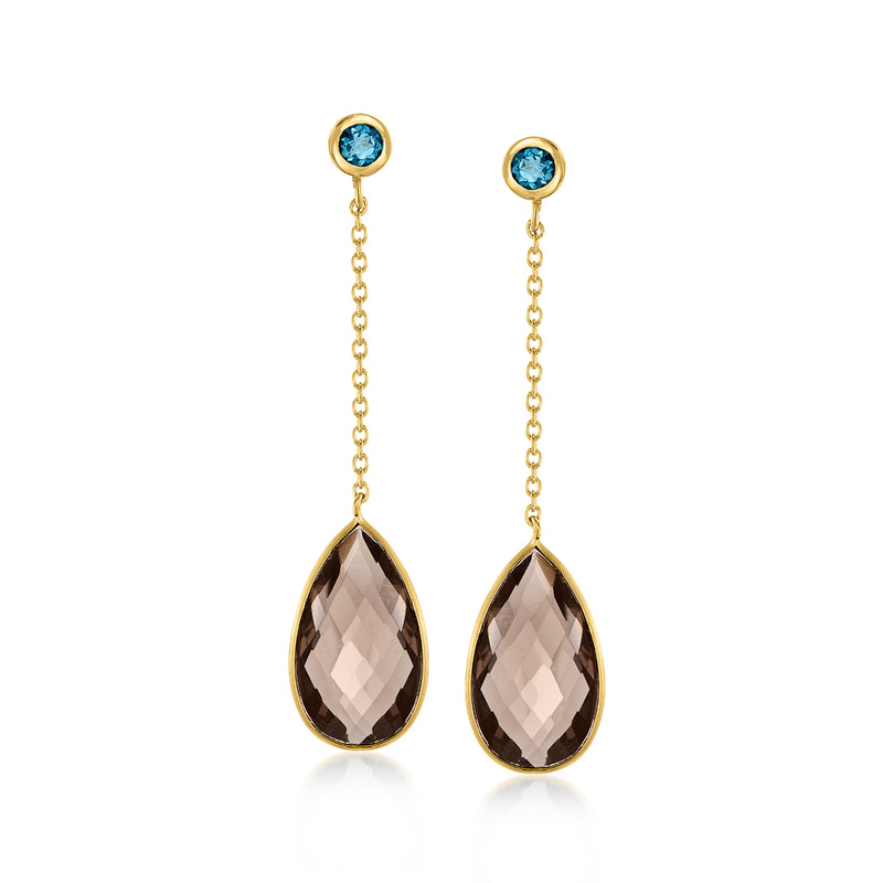 Gold drop earrings with blue topaz stud and smoky quartz teardrop, linked chain dangle
