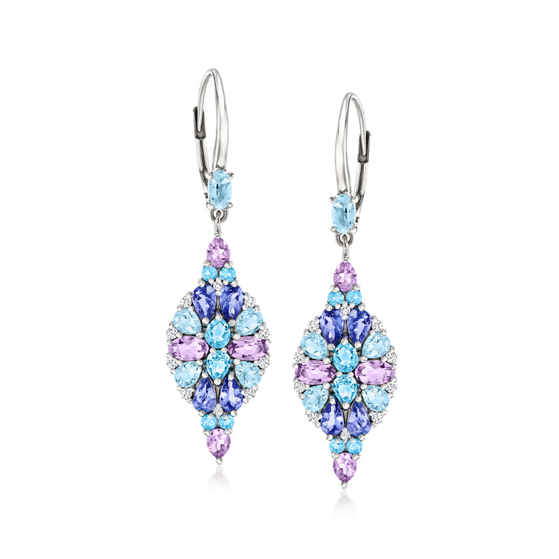 Sterling silver leverback drop earrings with blue, purple, and pink gemstone cluster