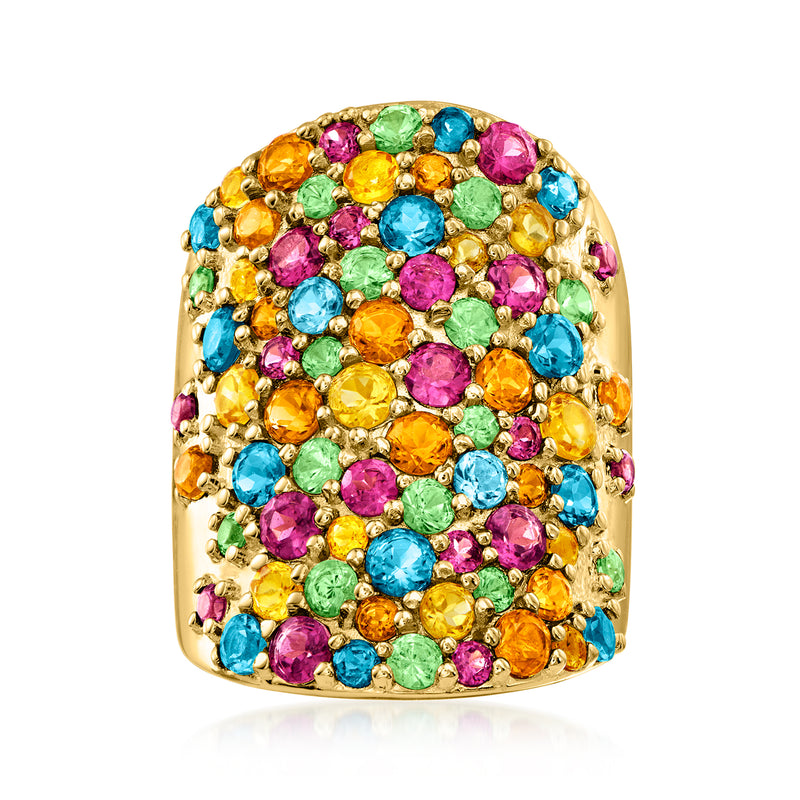 Multi-gemstone ring with gold-toned band and multicolor round gems, domed top
