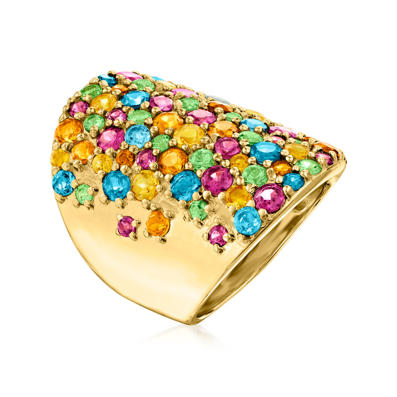 Multi-gemstone ring, gold-toned band with round purple, blue, green, and orange gems