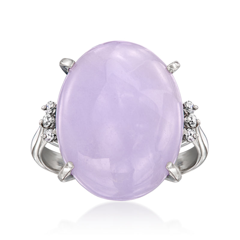 Lavender jade oval ring with small round diamond accents and prong setting