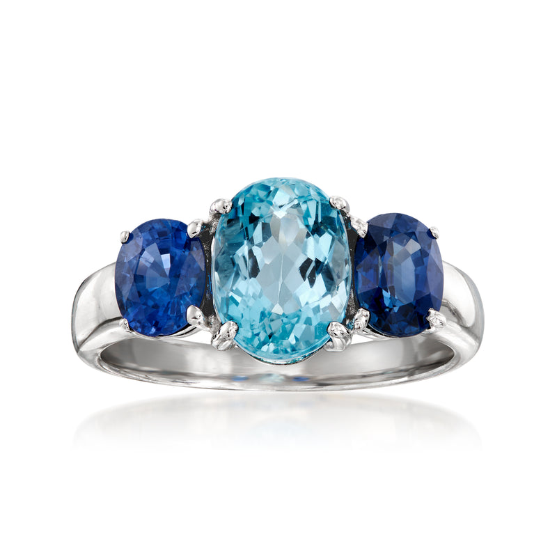 Oval aquamarine and oval sapphire ring in 18kt white gold, blue stones