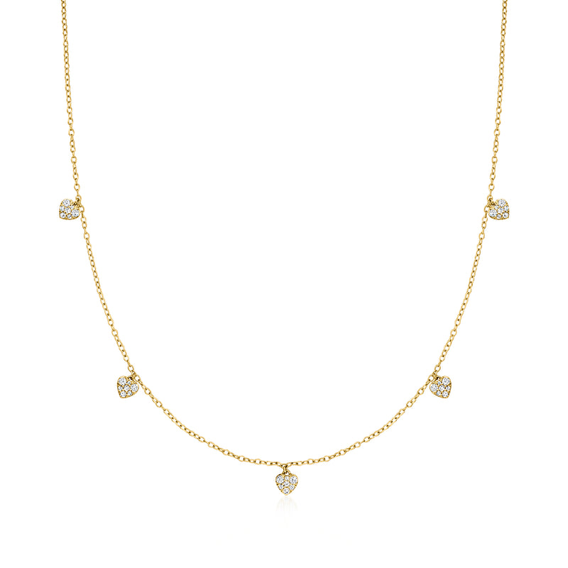 Gold-tone link necklace with small heart-shaped stone charms and a center heart