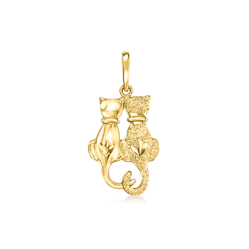 10kt yellow gold double-cat pendant with two small cat faces and textured details