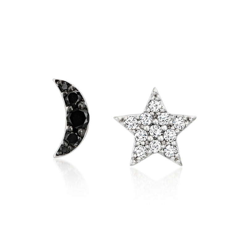 Sterling silver mismatched moon and star stud earrings, black and clear stones, post backs