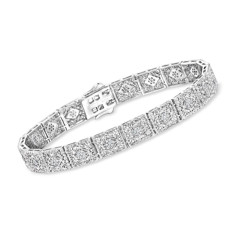 Sterling silver diamond filigree bracelet with rectangular bezel settings