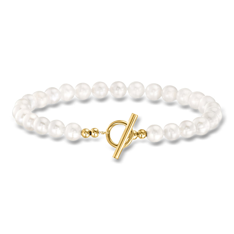 Cultured pearl toggle bracelet with white beads and 14kt yellow gold clasp