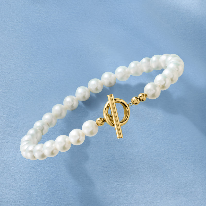 White cultured pearl toggle bracelet with 14kt yellow gold clasp