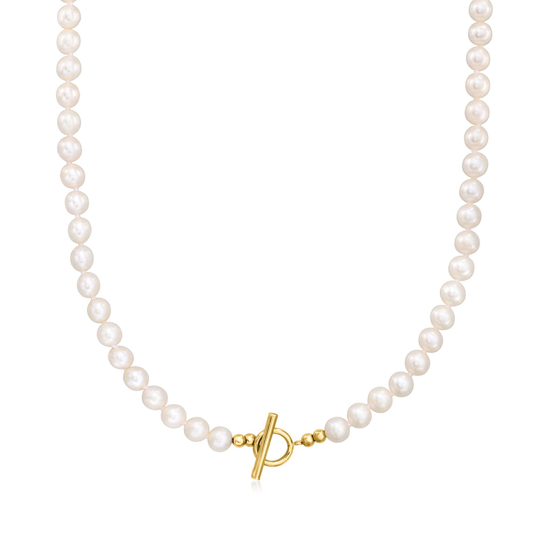 Cultured pearl toggle necklace in 14kt yellow gold with white pearl strand and gold clasp