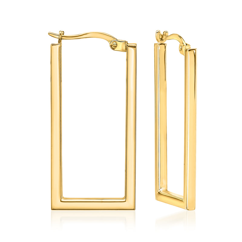 Rectangular hoop earrings in 14kt yellow gold, hinged with secure clasp.