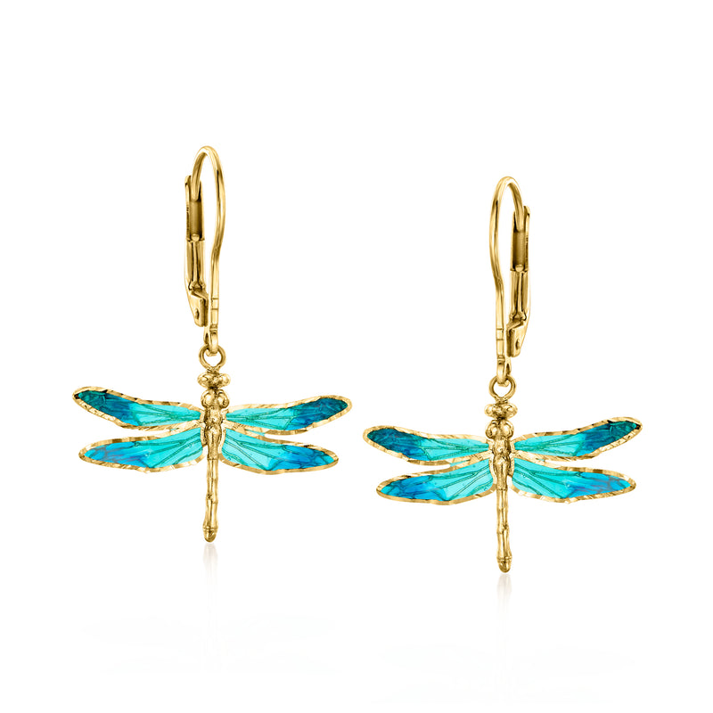 18kt yellow gold dragonfly drop earrings, blue enamel wings, leverback closures