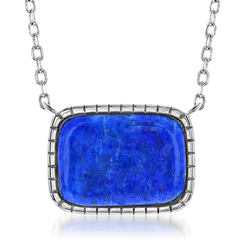 Sterling silver rectangular lapis necklace with blue gemstone pendant and link chain