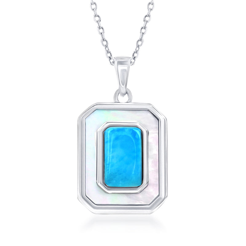 Sterling silver frame pendant necklace with blue larimar and mother-of-pearl center