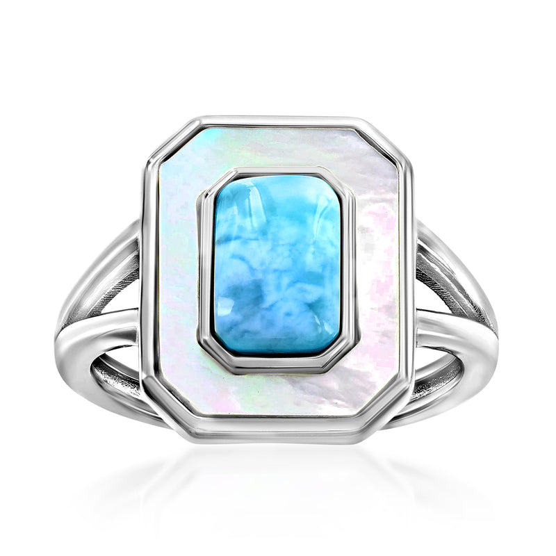 Sterling silver ring with octagonal larimar stone in mother-of-pearl frame