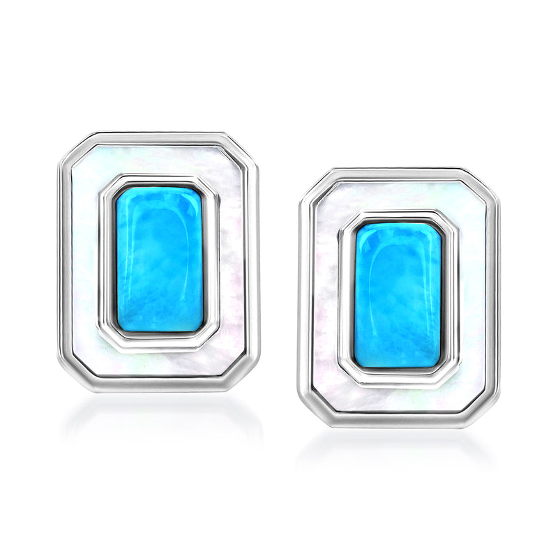Sterling silver frame stud earrings with blue larimar and mother-of-pearl accents