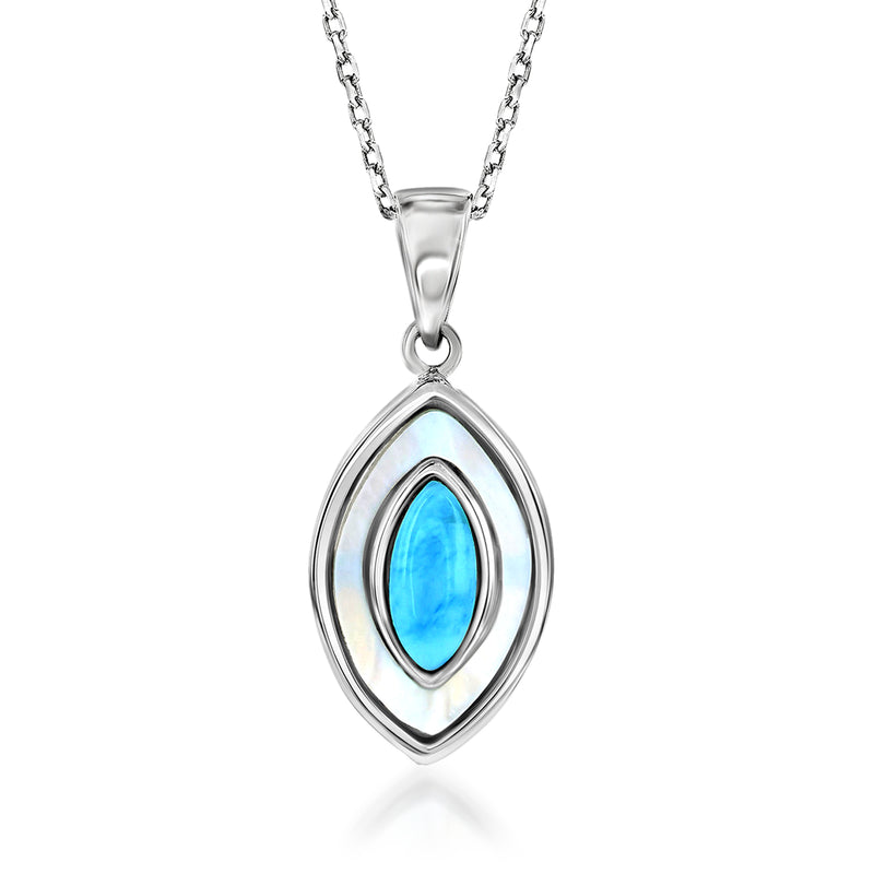 Sterling silver pendant necklace with oval marquise blue larimar center and pearl inlay