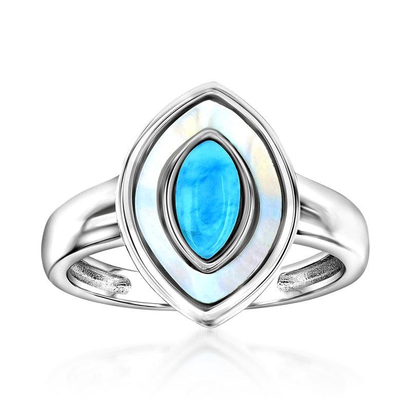 Sterling silver marquise frame ring with blue larimar and iridescent mother-of-pearl