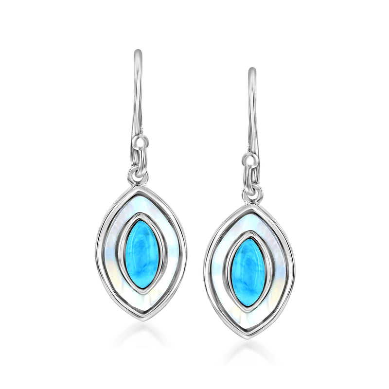 Sterling silver marquise drop earrings with blue larimar and mother-of-pearl center