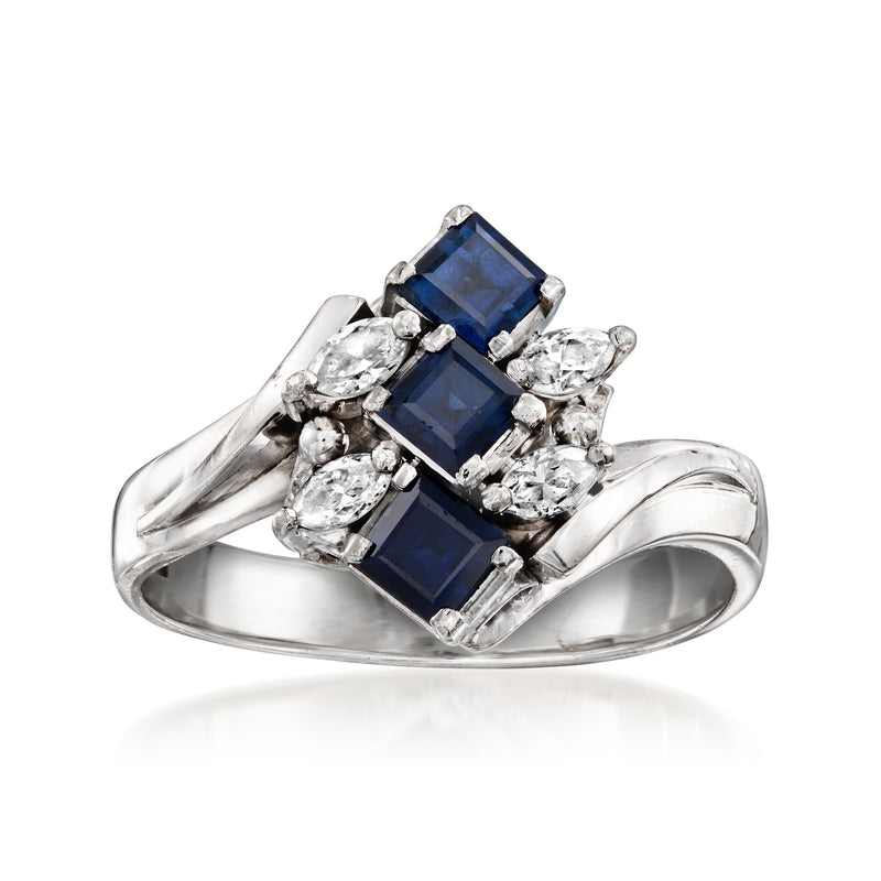 Platinum vintage-style ring with square sapphire and diamond accents