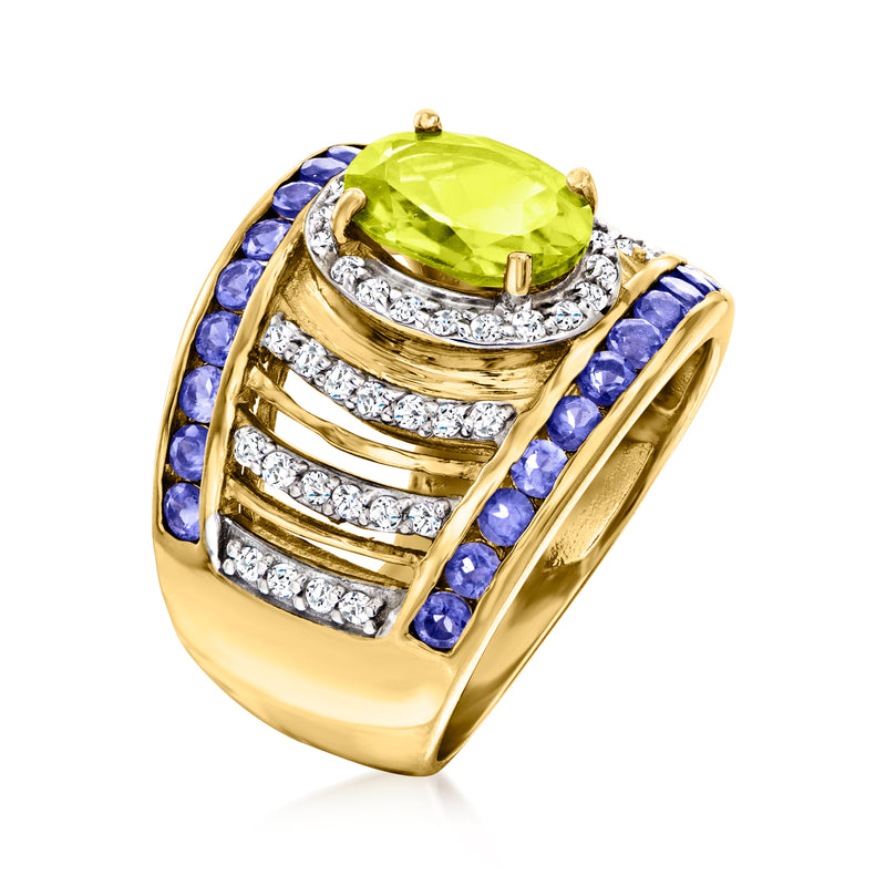 Gold over sterling ring with oval peridot, white zircon accents, and iolite rows