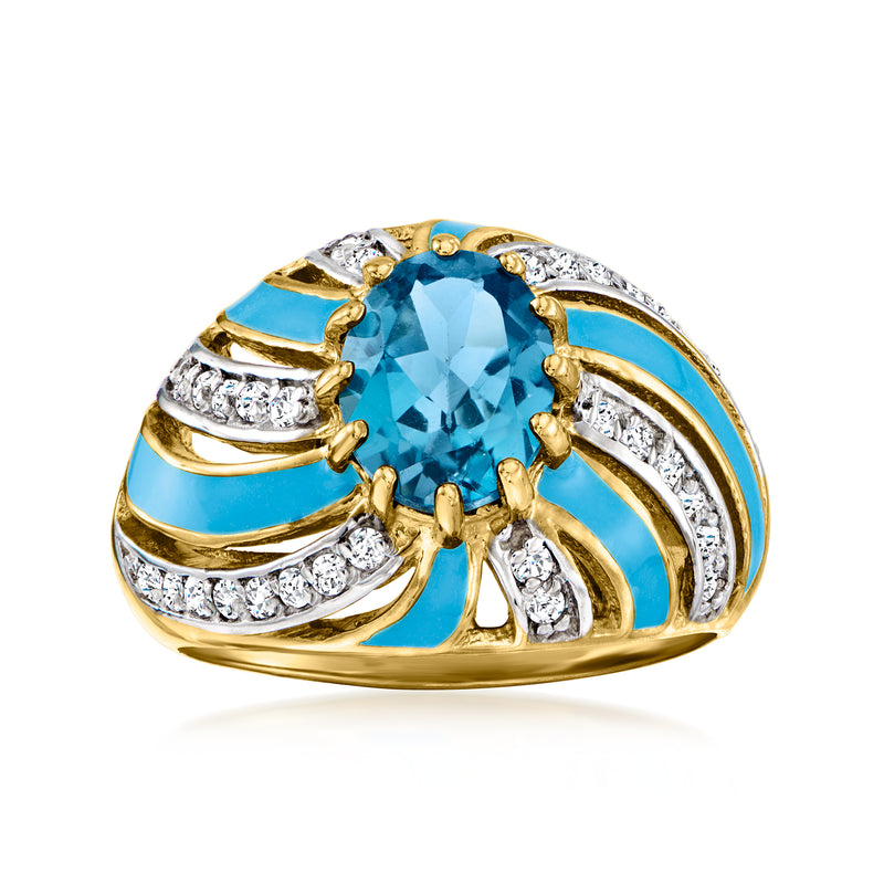 Gold ring with oval blue gemstone, white accents, and blue enamel wave details