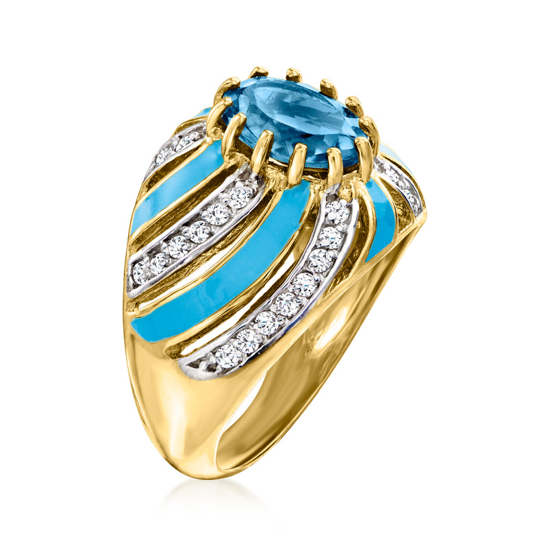 Gold bezel-set oval blue gemstone ring with white stone rows and blue enamel stripes
