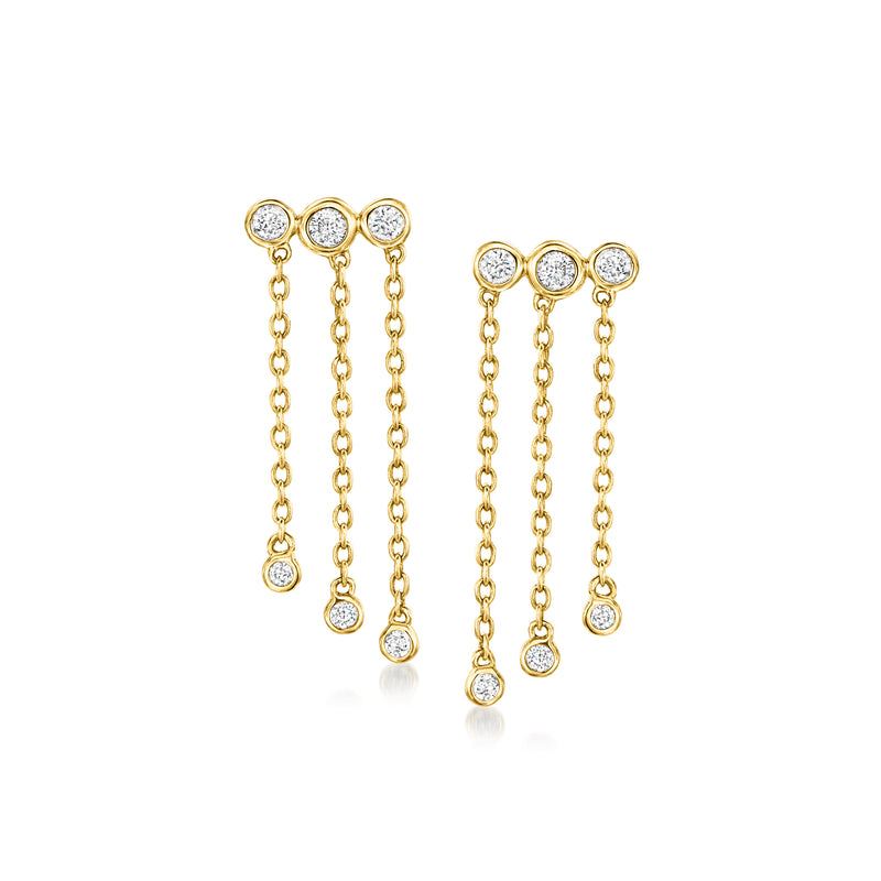 14kt yellow gold diamond fringe drop earrings, round bezel-set stones with chain drops
