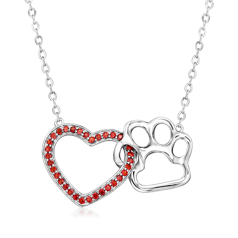 Sterling silver paw print and garnet heart necklace with red gemstone heart halo