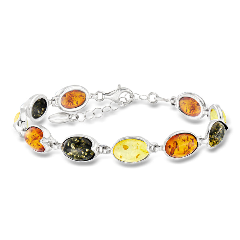 Sterling silver amber bracelet with oval multicolor stones and curb chain links