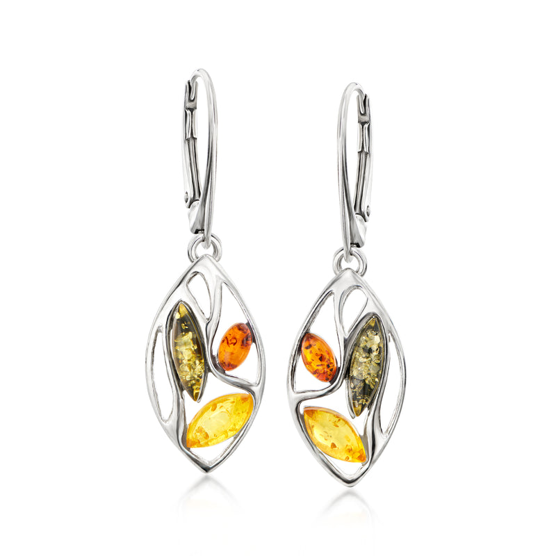 Sterling silver amber leaf drop earrings with oval multicolor stones, leverback
