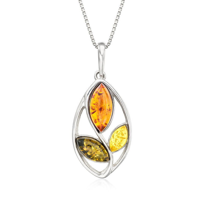 Sterling silver amber leaf pendant necklace with oval multicolor amber stones