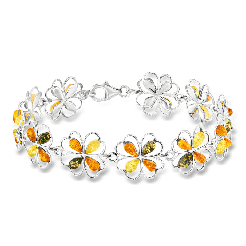 Sterling silver bracelet with four-leaf clover flower charms and amber stones