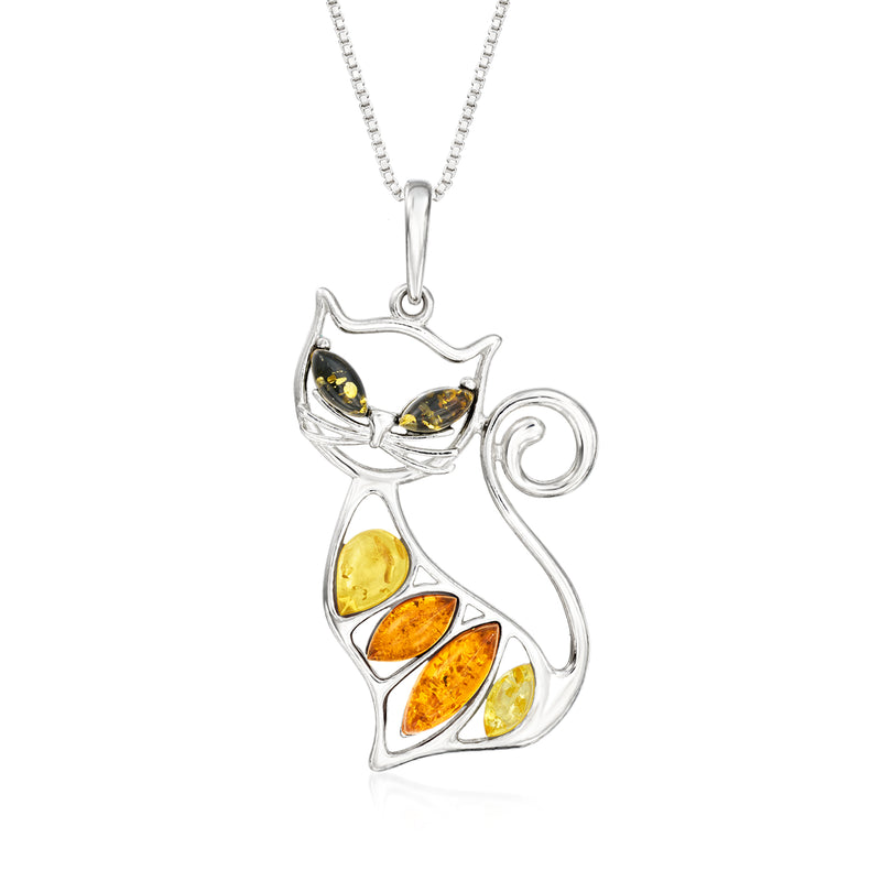 Sterling silver cat pendant necklace with multicolored amber-style gemstone eyes