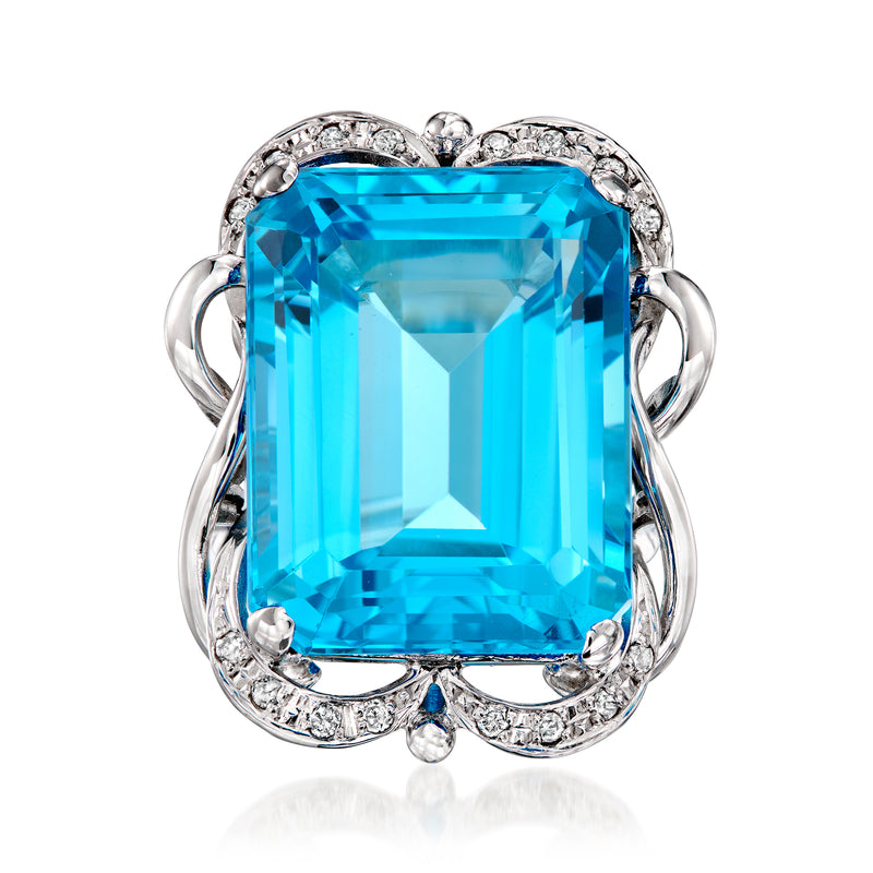 Vintage Swiss blue topaz ring, square-cut blue gemstone with diamond halo, white gold